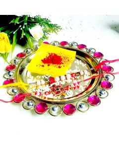 Colorful stone puja thali with 2 designer rakhi